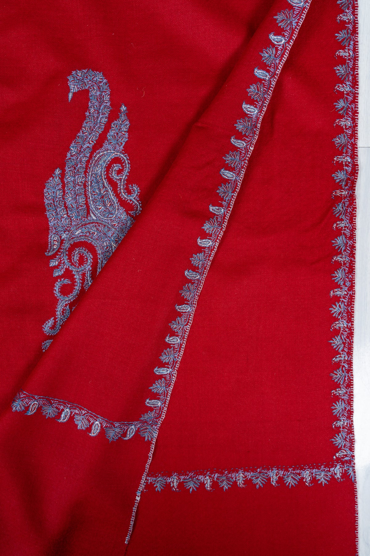 Scarlet Silver Splendor Fine Merino Wool Shawl with Sozni Hand Embroidered Paisley Motifs
