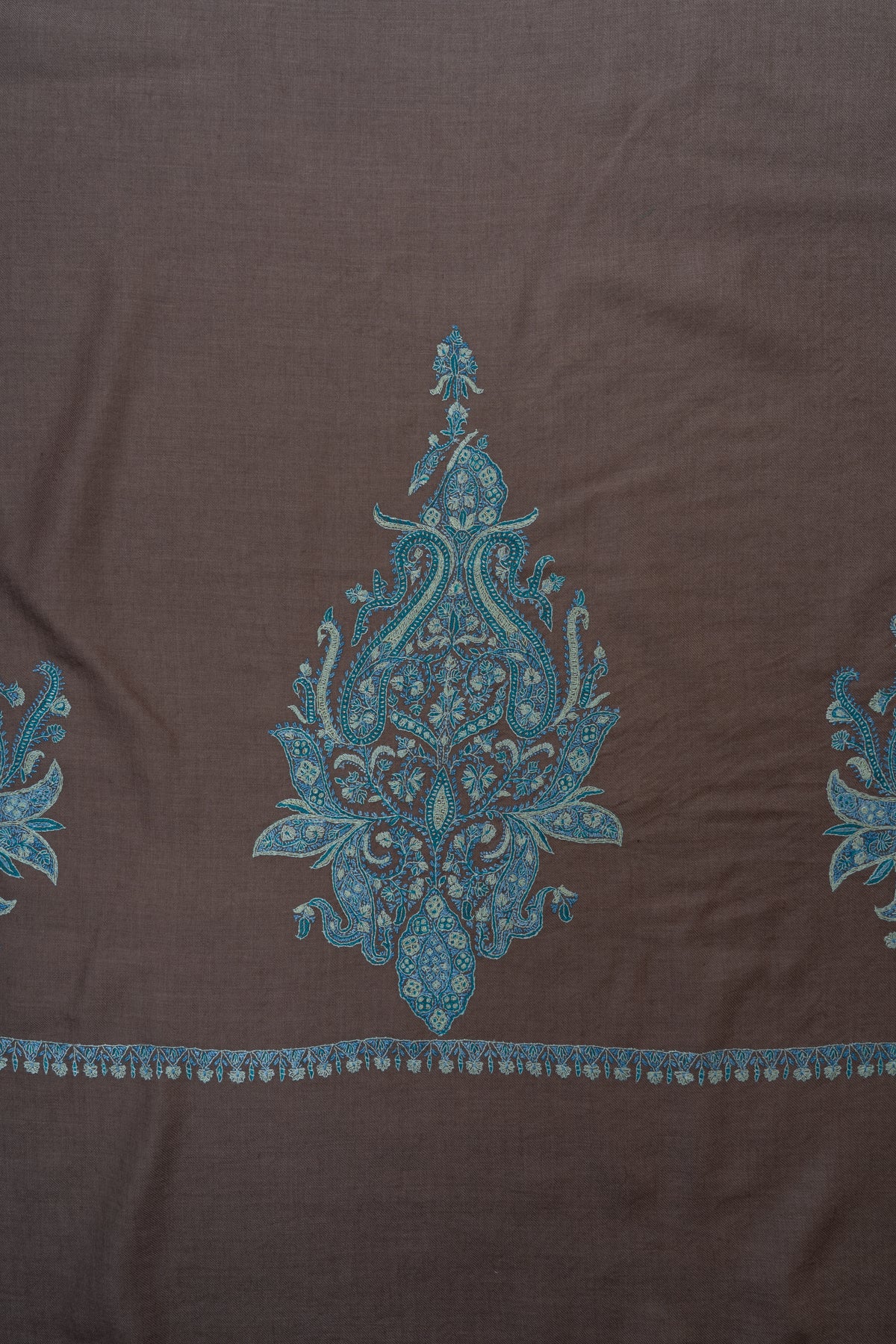 Taupe Tranquility Fine Merino Wool Shawl with Turquoise Sozni Hand Embroidered Paisleys