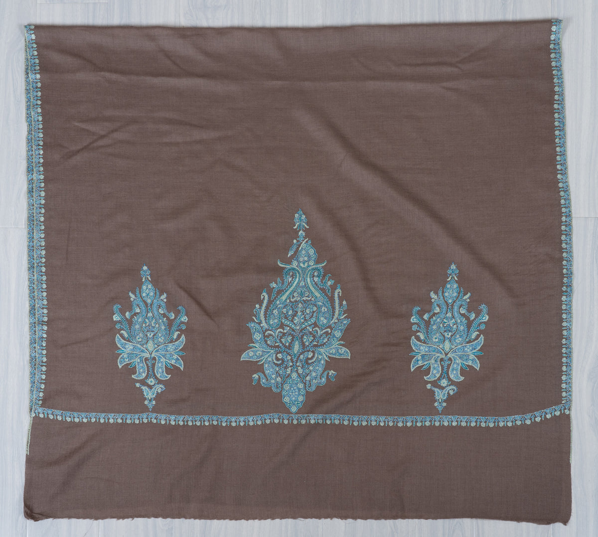 Taupe Tranquility Fine Merino Wool Shawl with Turquoise Sozni Hand Embroidered Paisleys