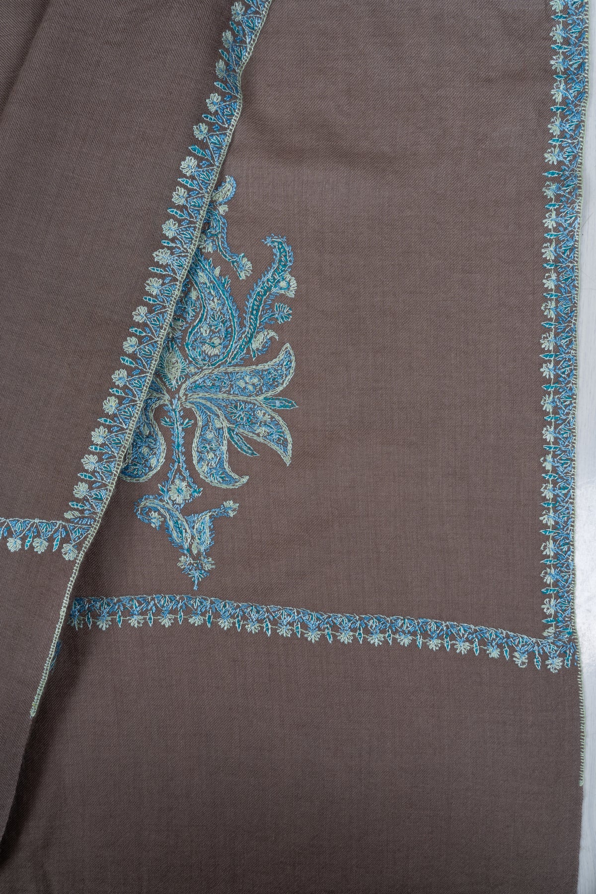 Taupe Tranquility Fine Merino Wool Shawl with Turquoise Sozni Hand Embroidered Paisleys