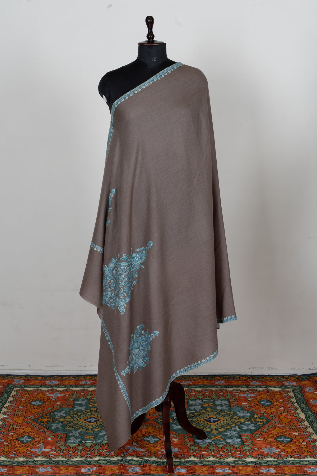 Taupe Tranquility Fine Merino Wool Shawl with Turquoise Sozni Hand Embroidered Paisleys