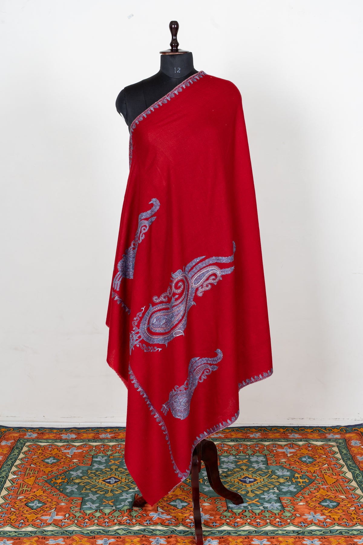 Scarlet Silver Splendor Fine Merino Wool Shawl with Sozni Hand Embroidered Paisley Motifs