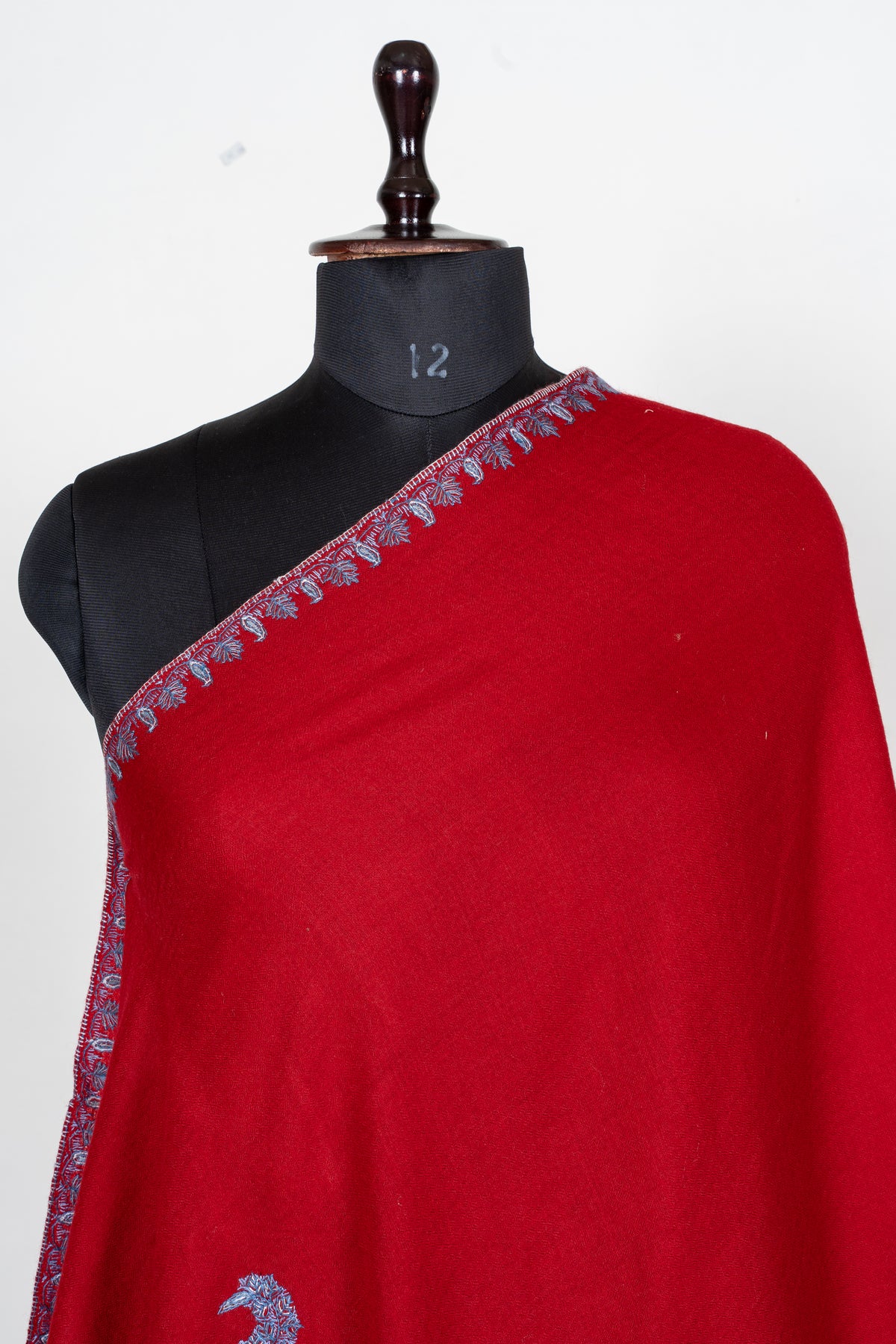Scarlet Silver Splendor Fine Merino Wool Shawl with Sozni Hand Embroidered Paisley Motifs