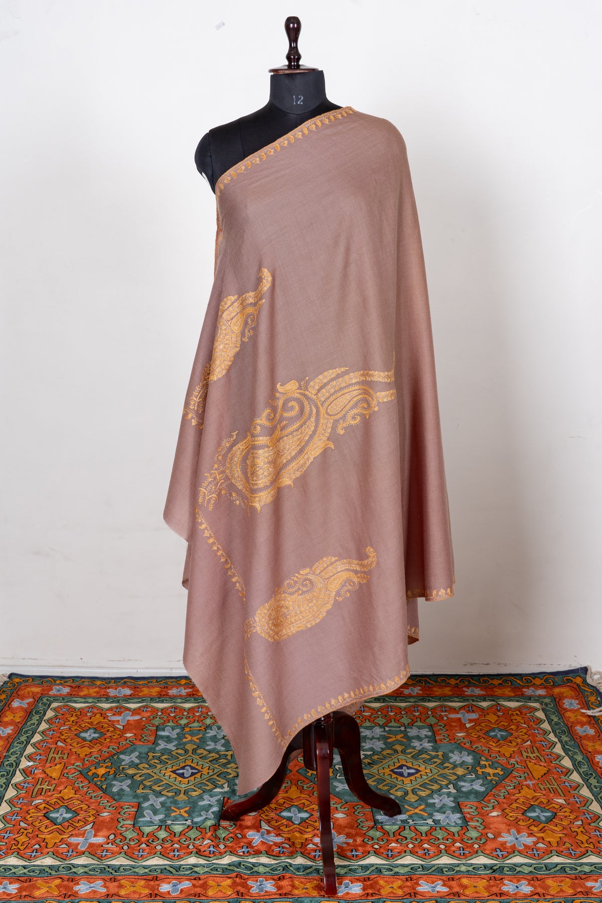 Rosewood Gold Fine Merino Wool Shawl with Sozni Hand Embroidered Ornamental Paisleys