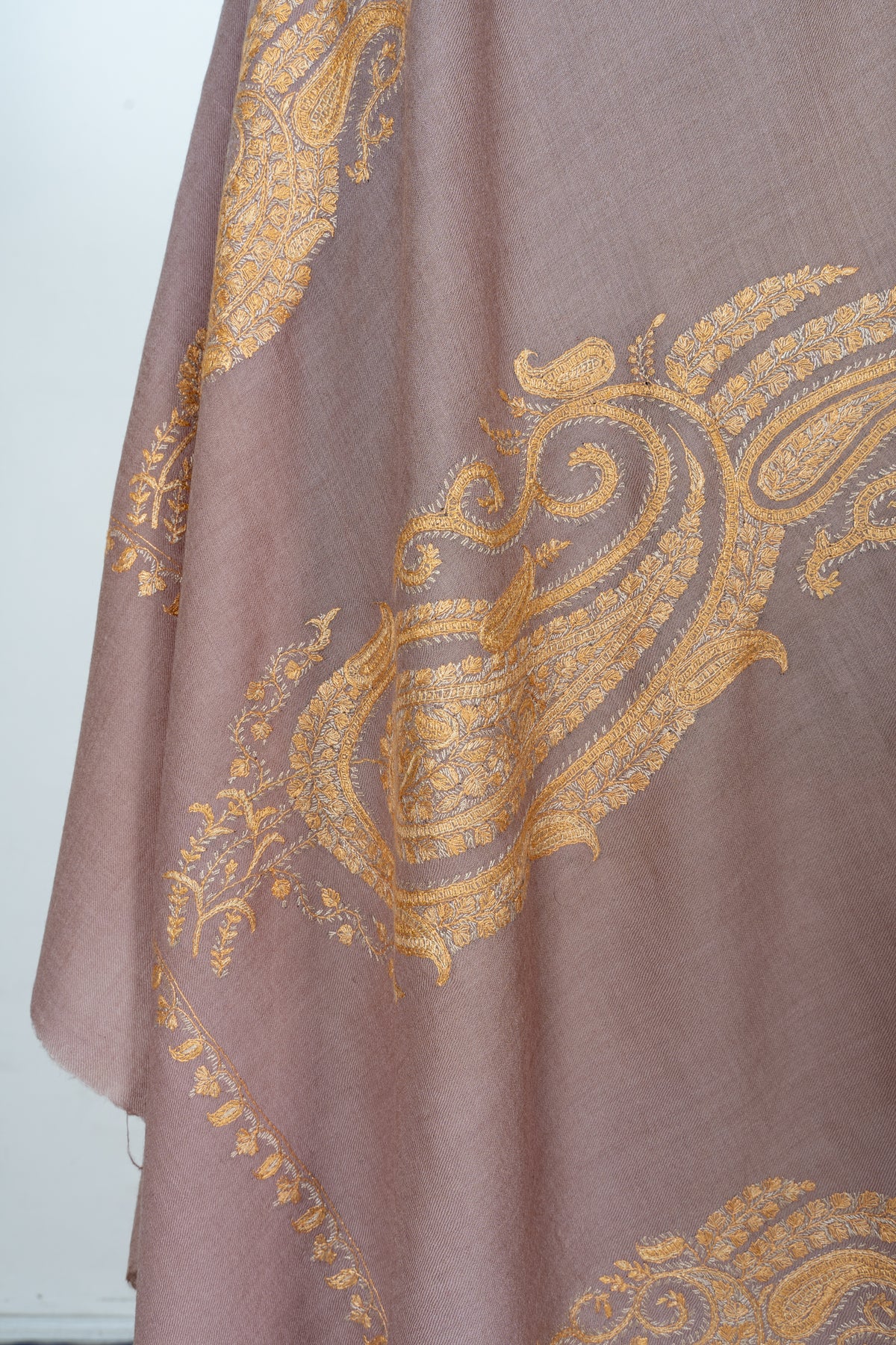 Rosewood Gold Fine Merino Wool Shawl with Sozni Hand Embroidered Ornamental Paisleys