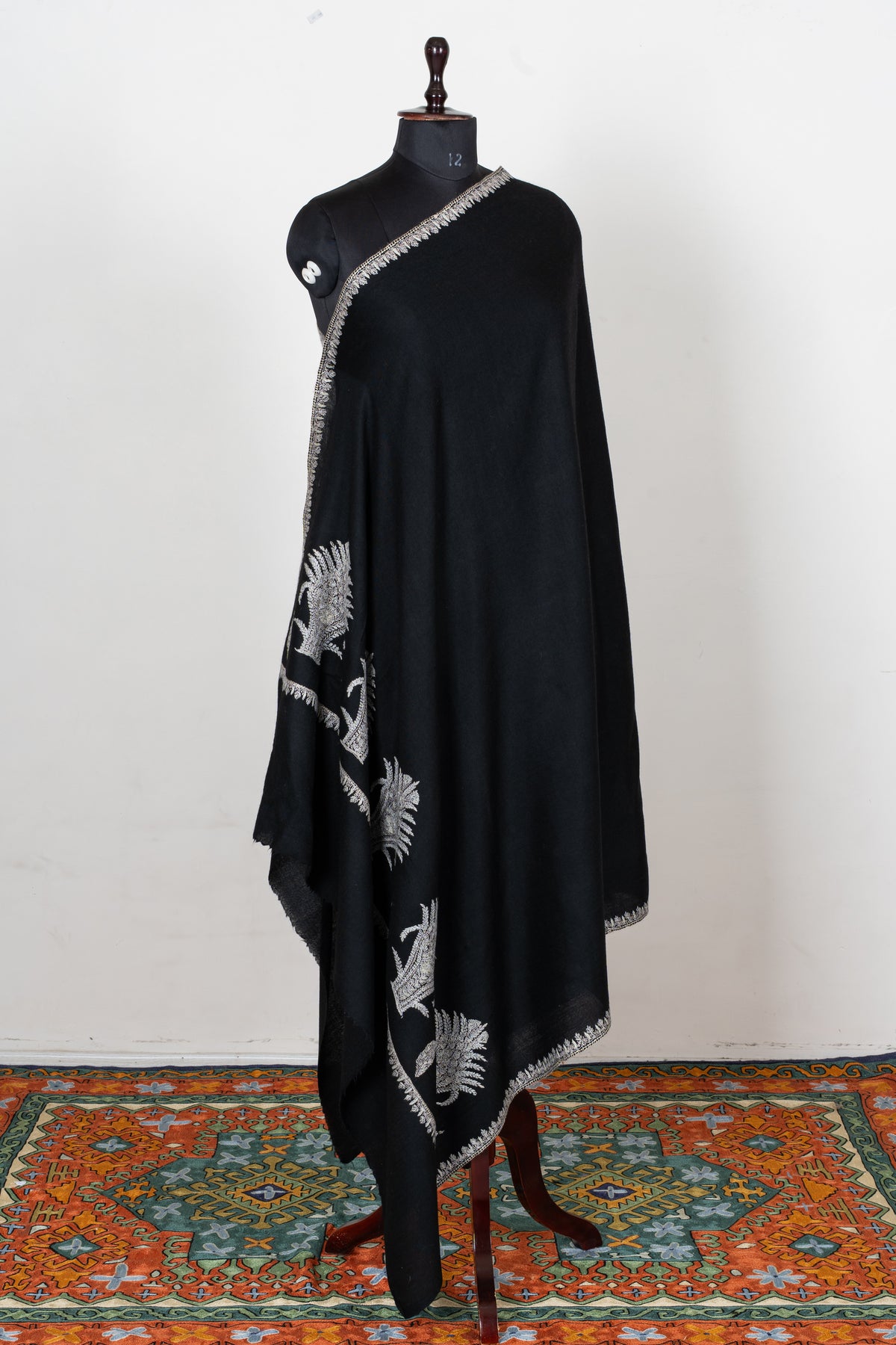 Midnight Silver Fern Fine Merino Wool Shawl with Sozni Hand Embroidered Botanical Motifs