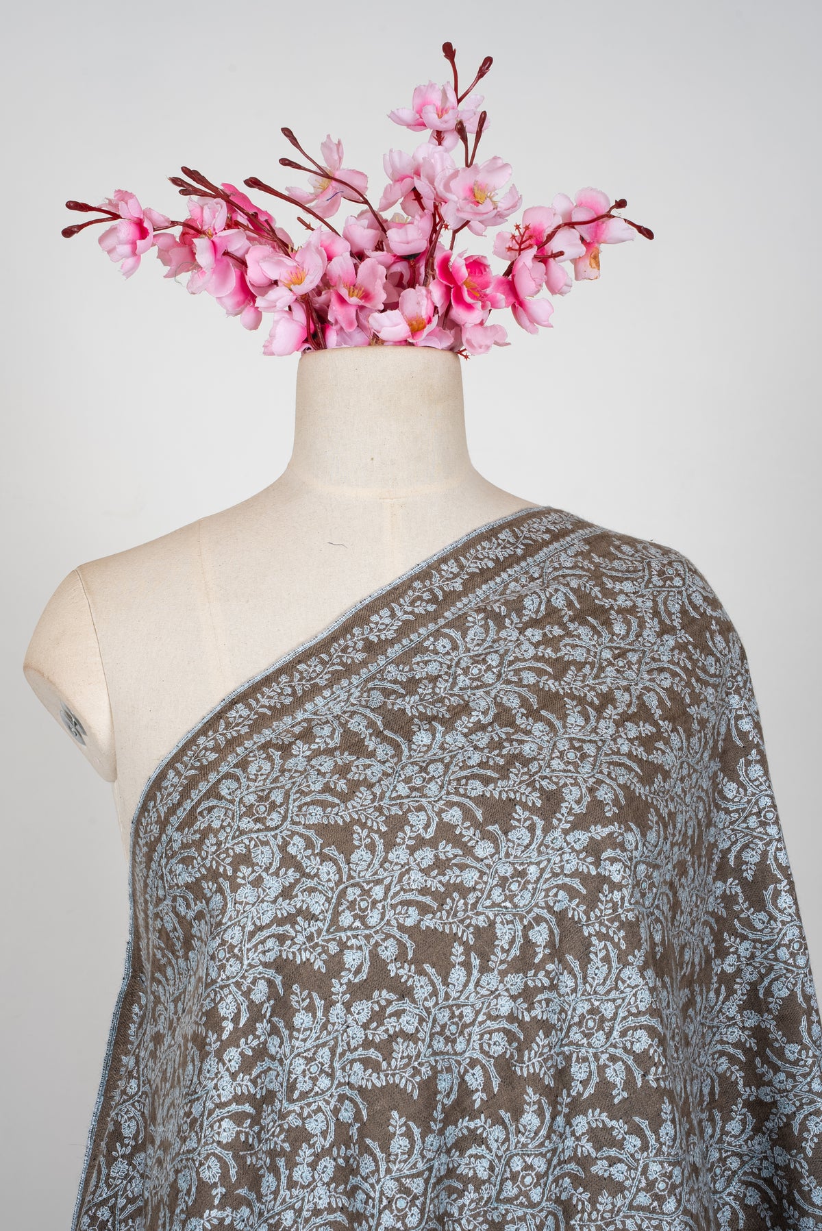 Taupe Silver Garden: Pure Pashmina Hand Embroidered Jamawar Shawl