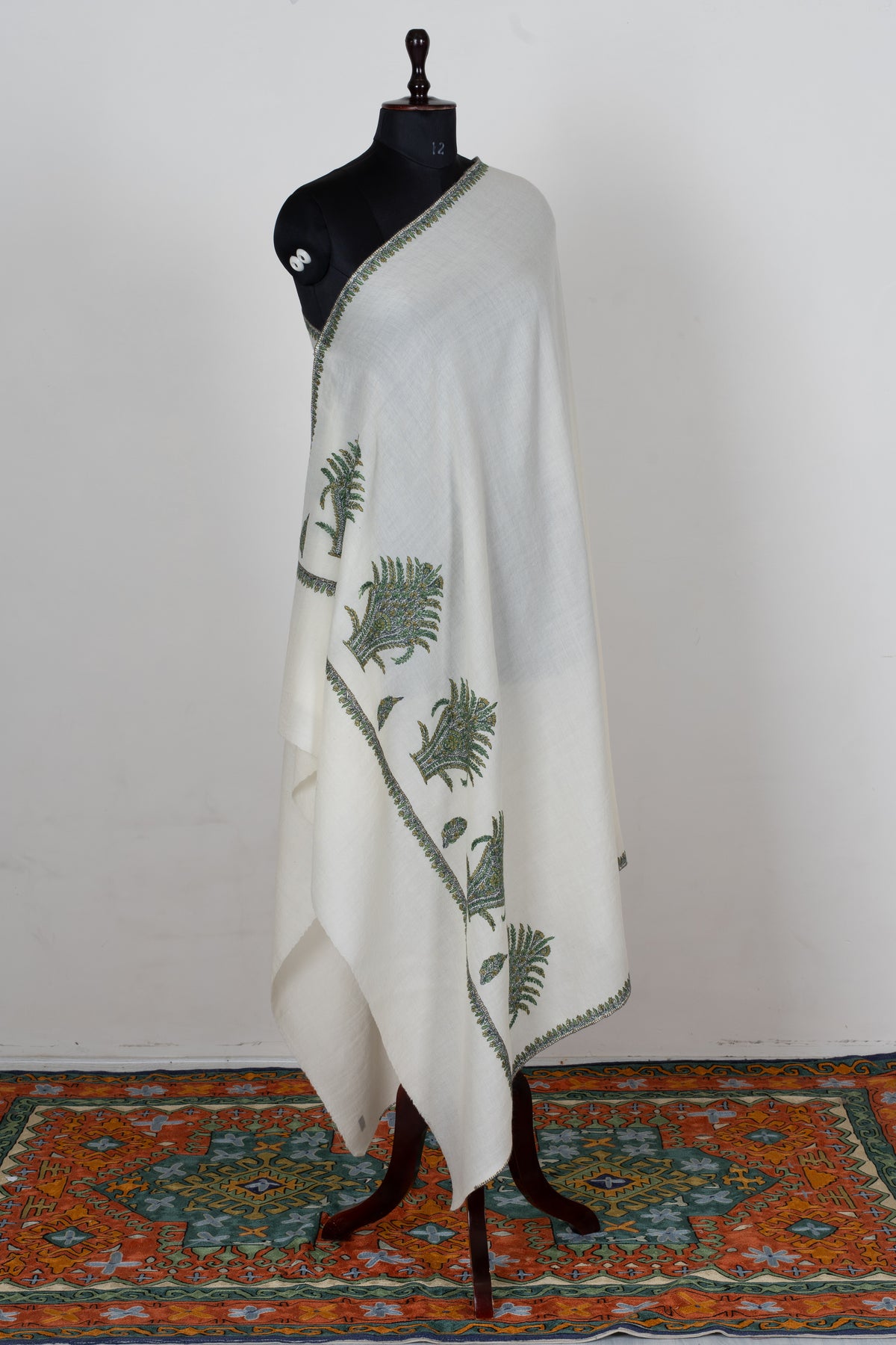 Ivory Evergreen Fine Merino Wool Shawl with Olive Green Sozni Hand Embroidered Fern Motifs