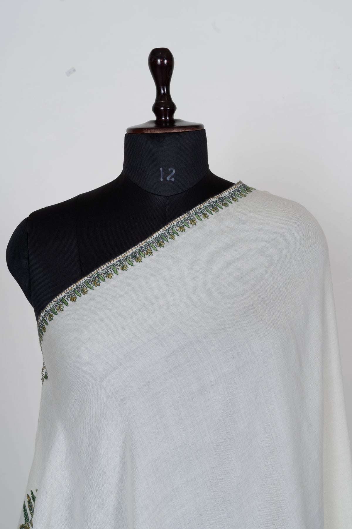 Ivory Evergreen Fine Merino Wool Shawl with Olive Green Sozni Hand Embroidered Fern Motifs