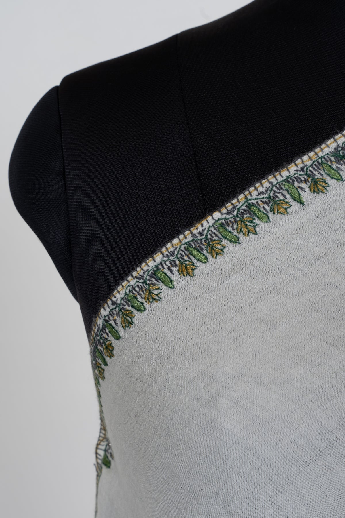 Ivory Evergreen Fine Merino Wool Shawl with Olive Green Sozni Hand Embroidered Fern Motifs