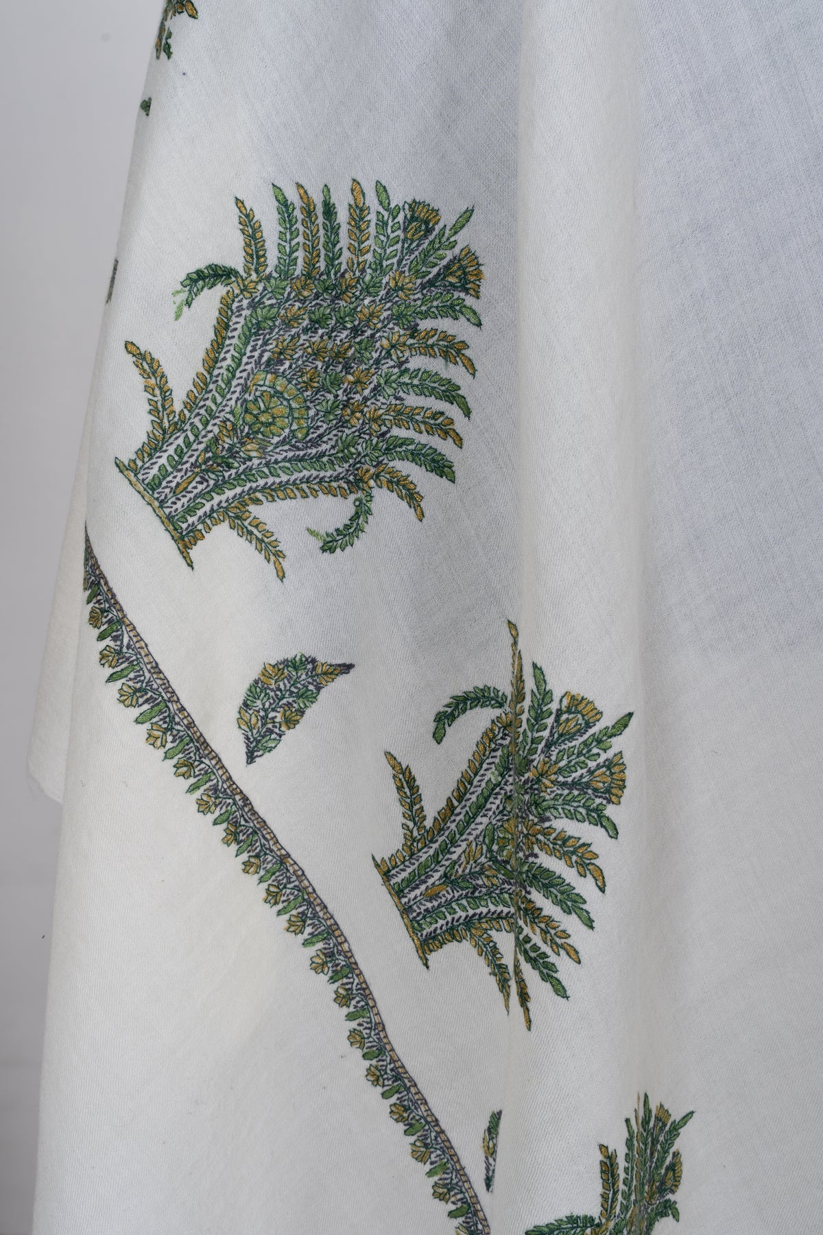 Ivory Evergreen Fine Merino Wool Shawl with Olive Green Sozni Hand Embroidered Fern Motifs