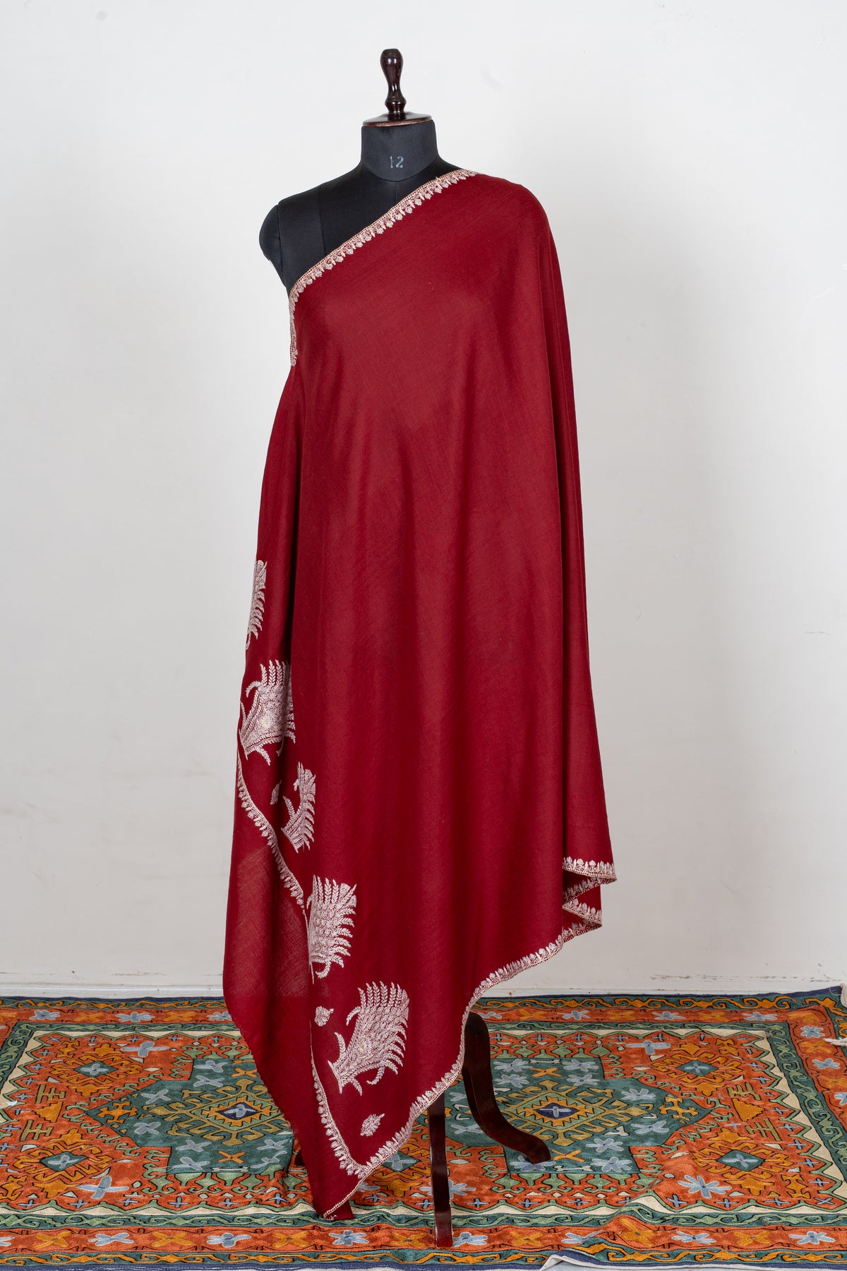 Crimson Ivory Fine Merino Wool Shawl with Sozni Hand Embroidered Fern Leaf Patterns