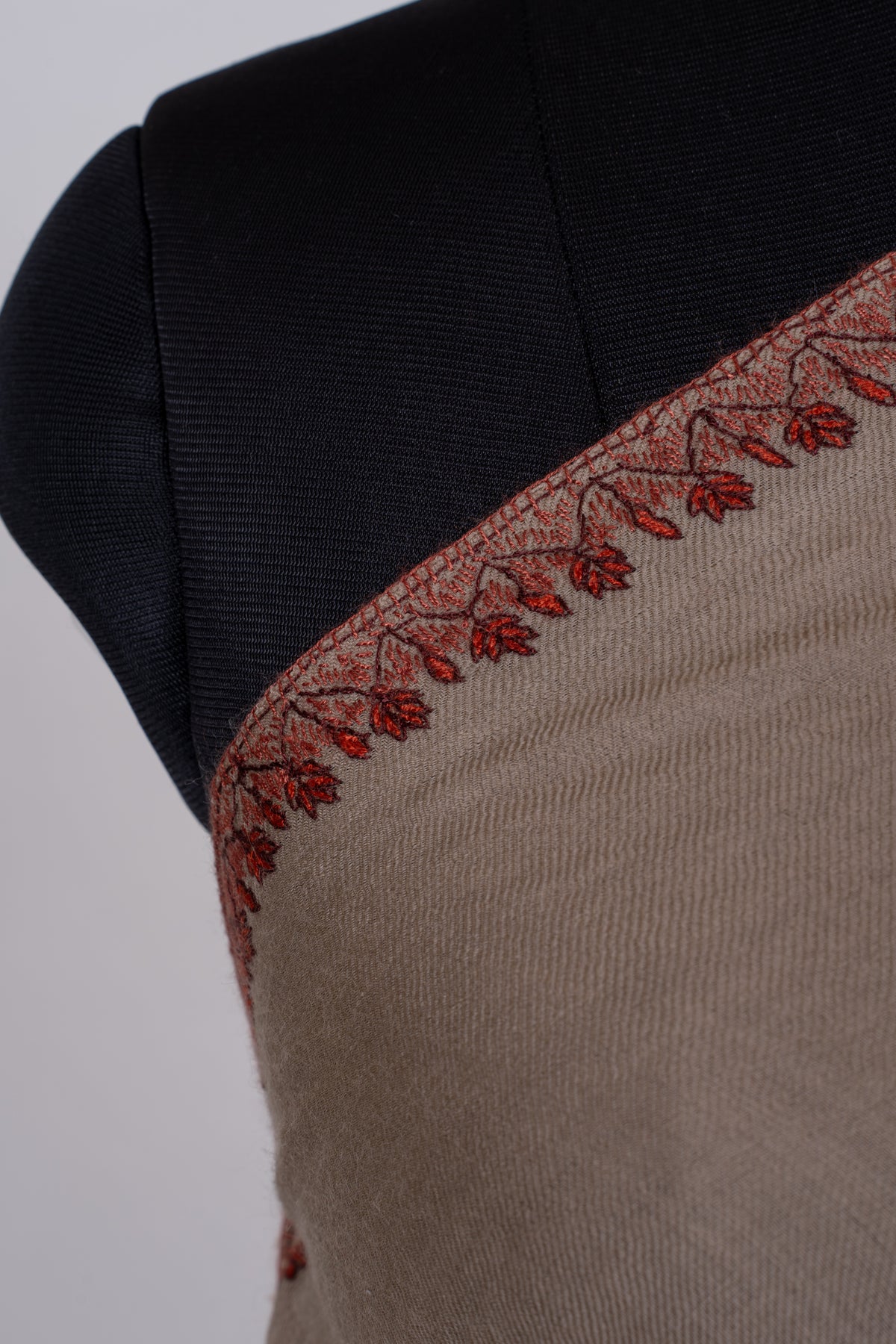 Cinnamon Sand Fine Merino Wool Shawl with Rust Sozni Hand Embroidered Fern Motifs