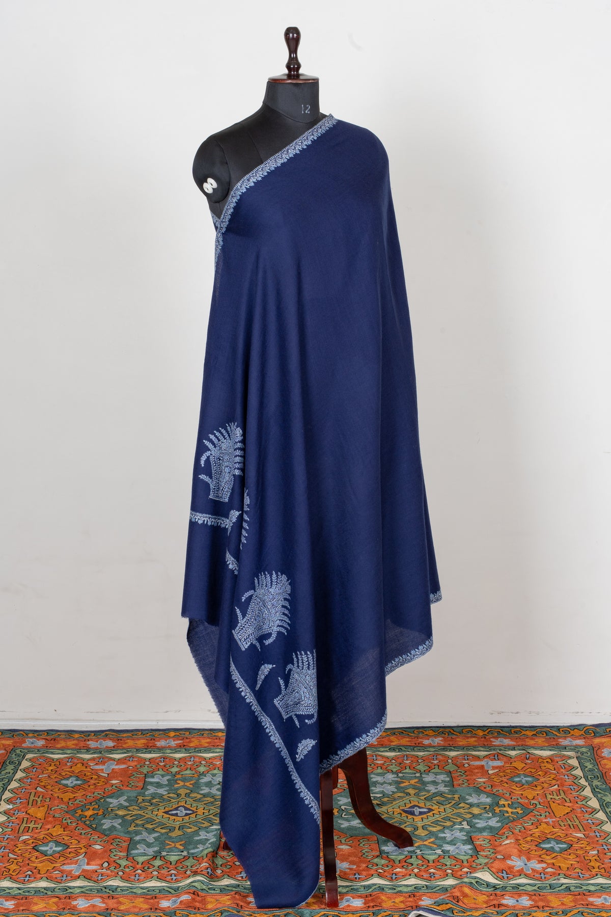 Sapphire Frost Fine Merino Wool Shawl with Silver Blue Sozni Hand Embroidered Ferns