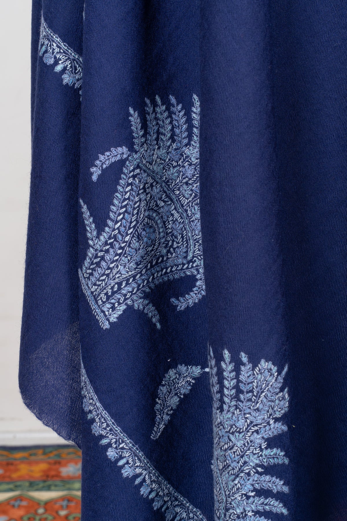 Sapphire Frost Fine Merino Wool Shawl with Silver Blue Sozni Hand Embroidered Ferns