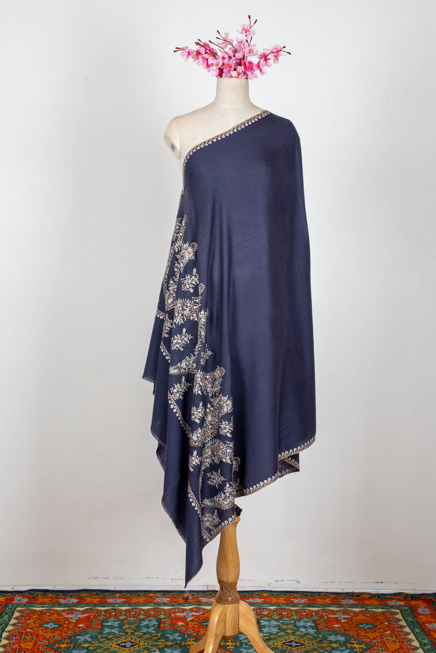 Midnight Blossom Reverie: Pure Pashmina Hand Embroidered Shawl