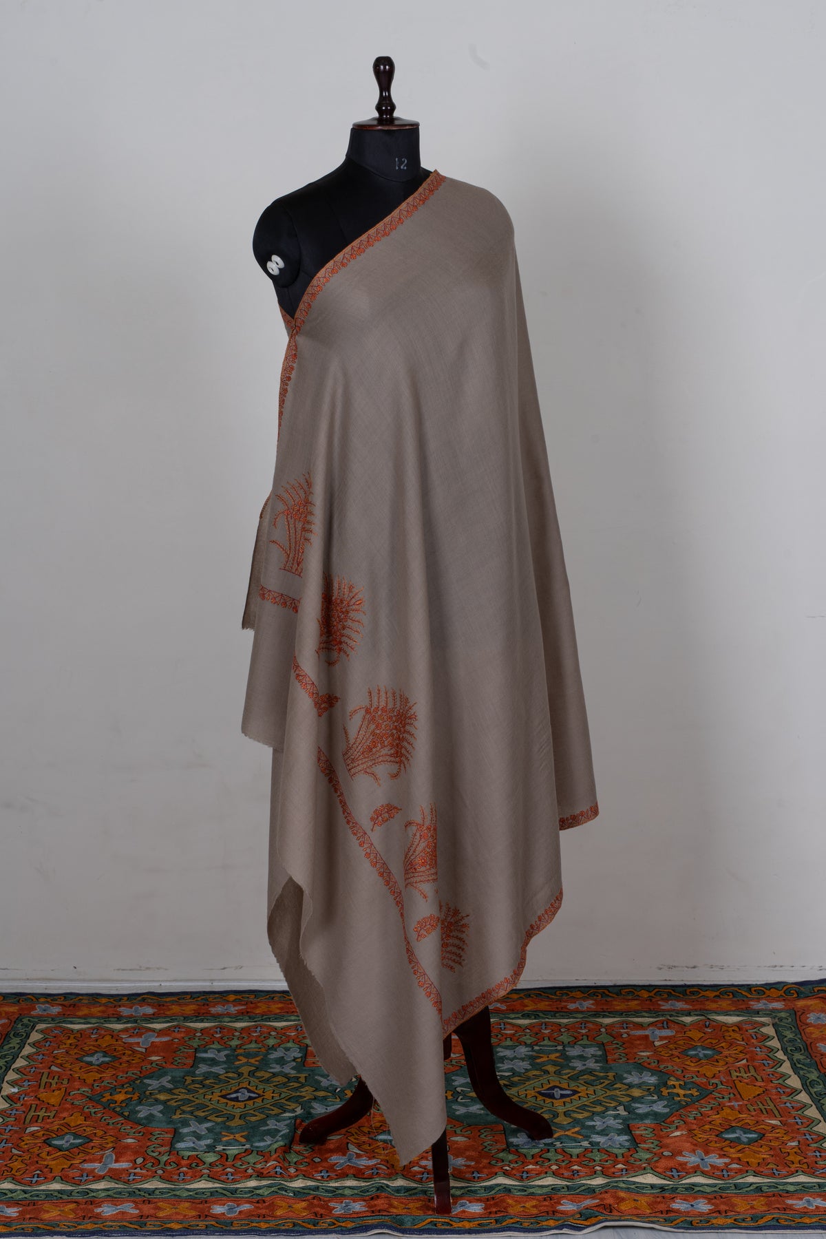 Sandstone Autumn Fine Merino Wool Shawl with Rust Sozni Hand Embroidered Botanical Sprigs