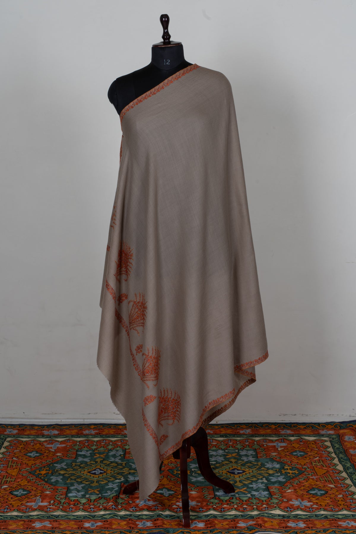 Sandstone Autumn Fine Merino Wool Shawl with Rust Sozni Hand Embroidered Botanical Sprigs