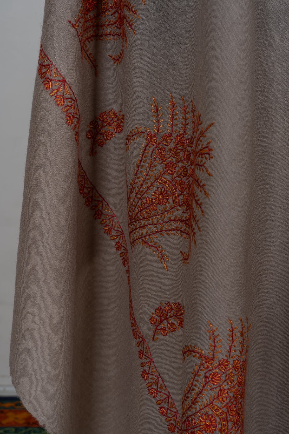 Sandstone Autumn Fine Merino Wool Shawl with Rust Sozni Hand Embroidered Botanical Sprigs