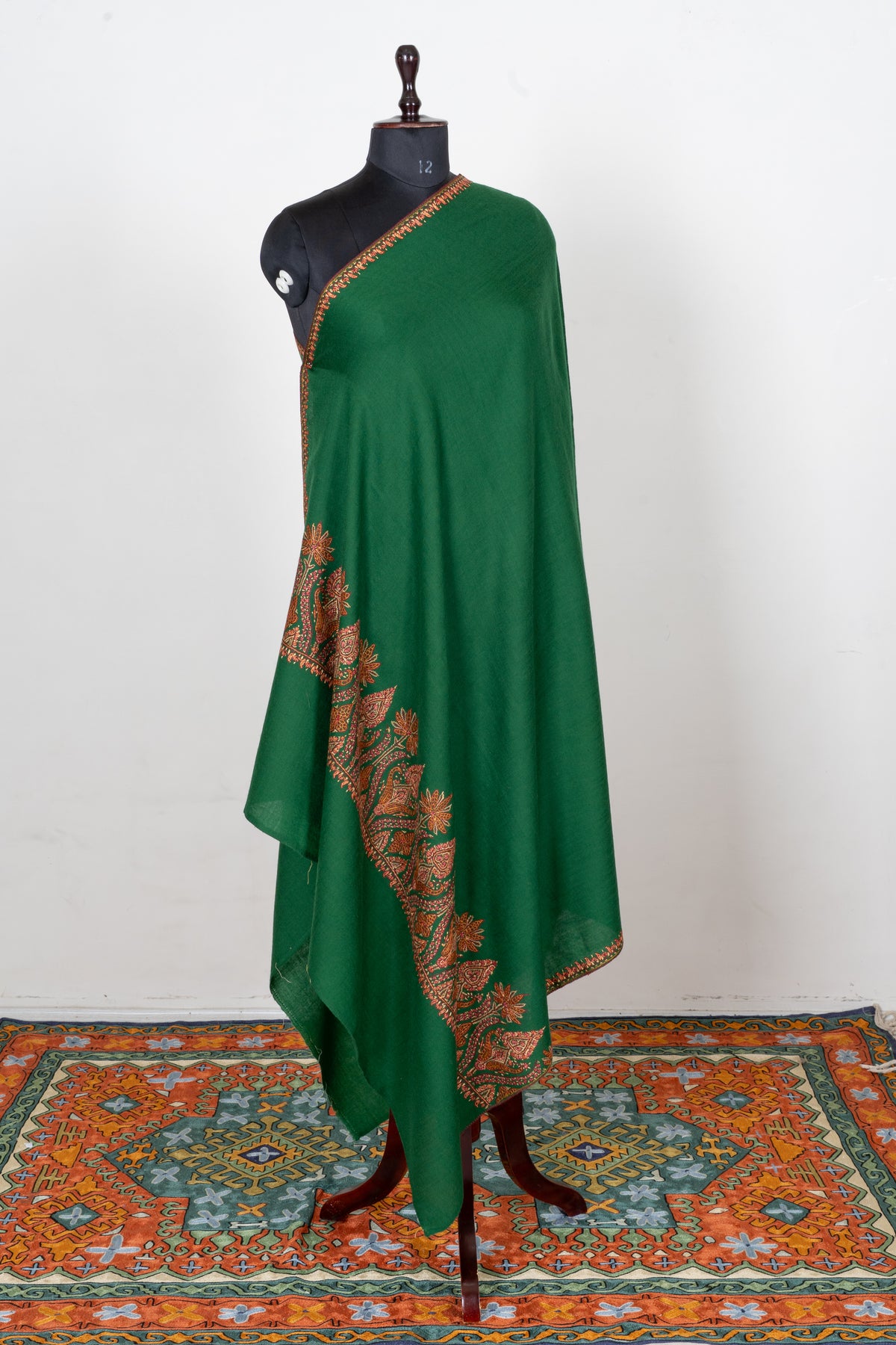 Emerald Ember Fine Merino Wool Shawl with Copper Sozni Hand Embroidered Floral Paisleys