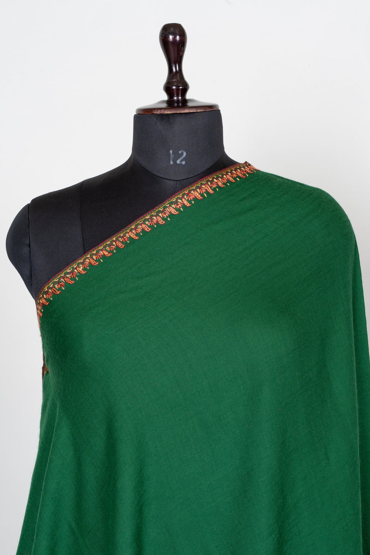 Emerald Ember Fine Merino Wool Shawl with Copper Sozni Hand Embroidered Floral Paisleys