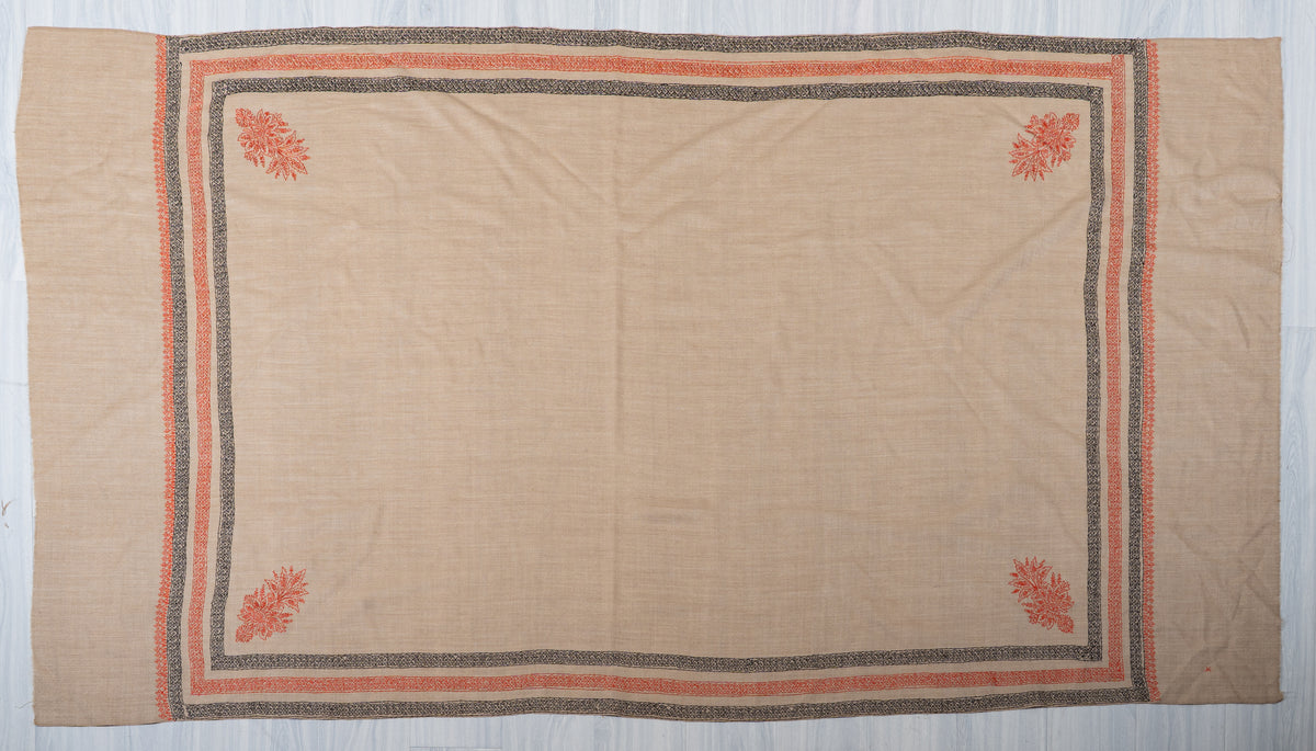 Sandstone Harmony Fine Merino Wool Shawl with Coral and Charcoal Sozni Hand Embroidered Borders
