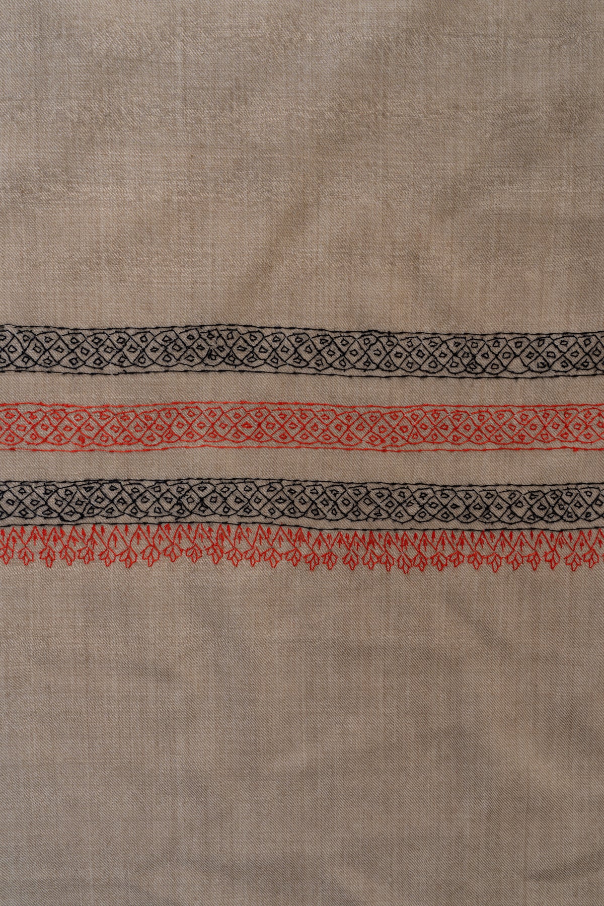 Sandstone Harmony Fine Merino Wool Shawl with Coral and Charcoal Sozni Hand Embroidered Borders