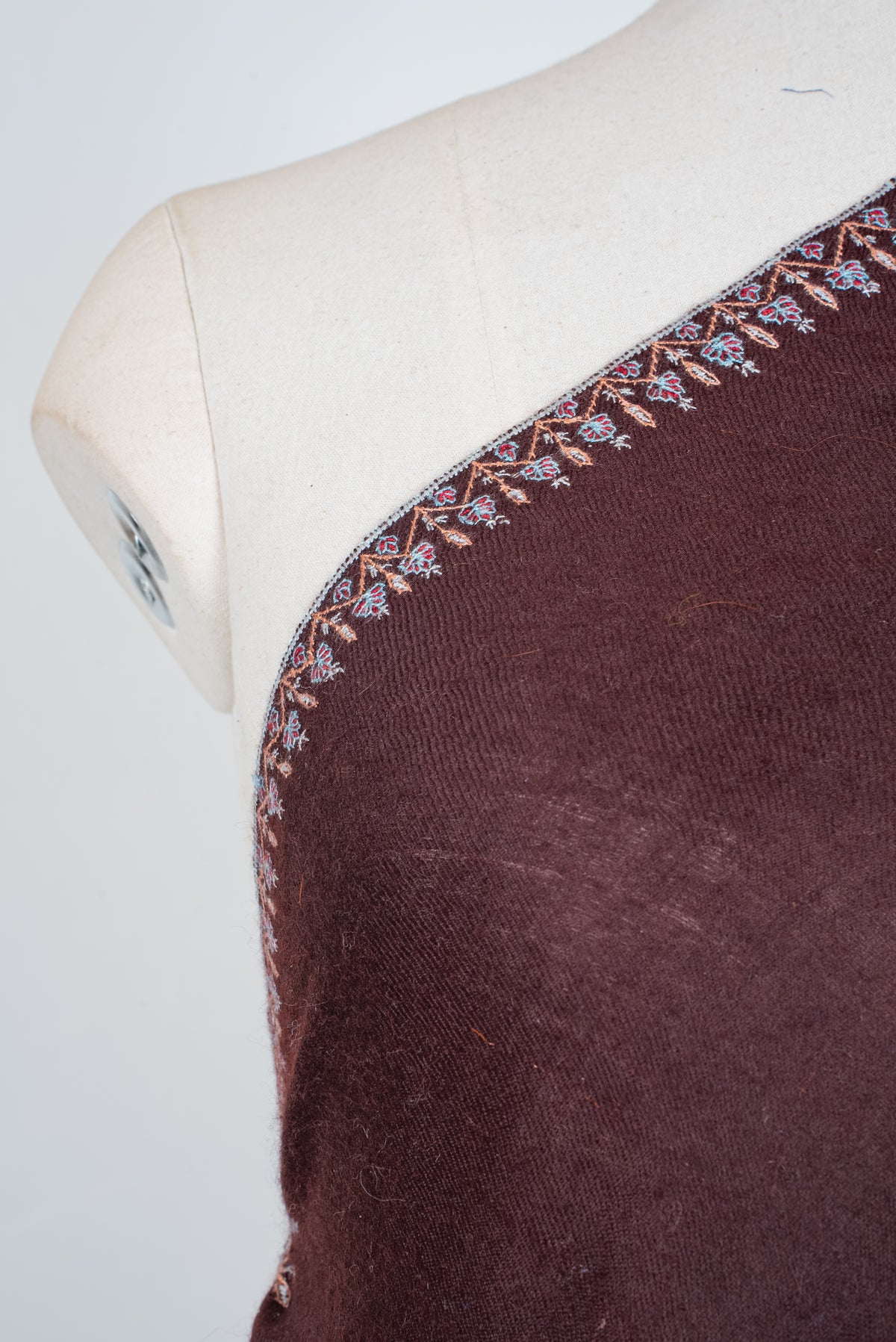 Close-up of a brown Pashmina shawl across a mannequin's chest, showing a narrow blue, pink and beige embroidered leaf border.