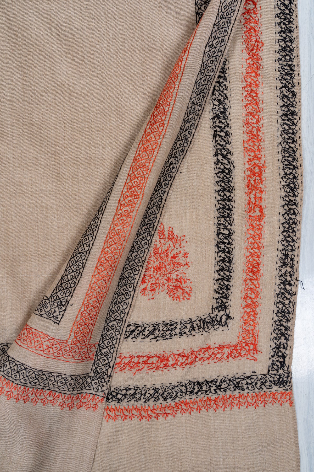 Sandstone Harmony Fine Merino Wool Shawl with Coral and Charcoal Sozni Hand Embroidered Borders