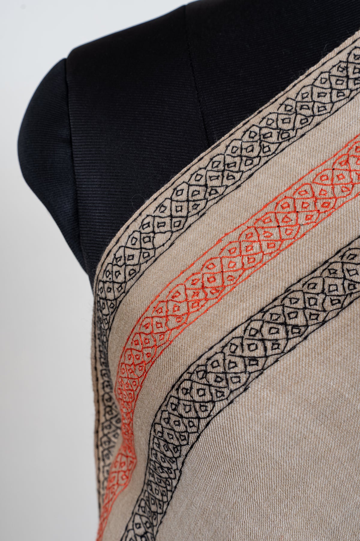Sandstone Harmony Fine Merino Wool Shawl with Coral and Charcoal Sozni Hand Embroidered Borders