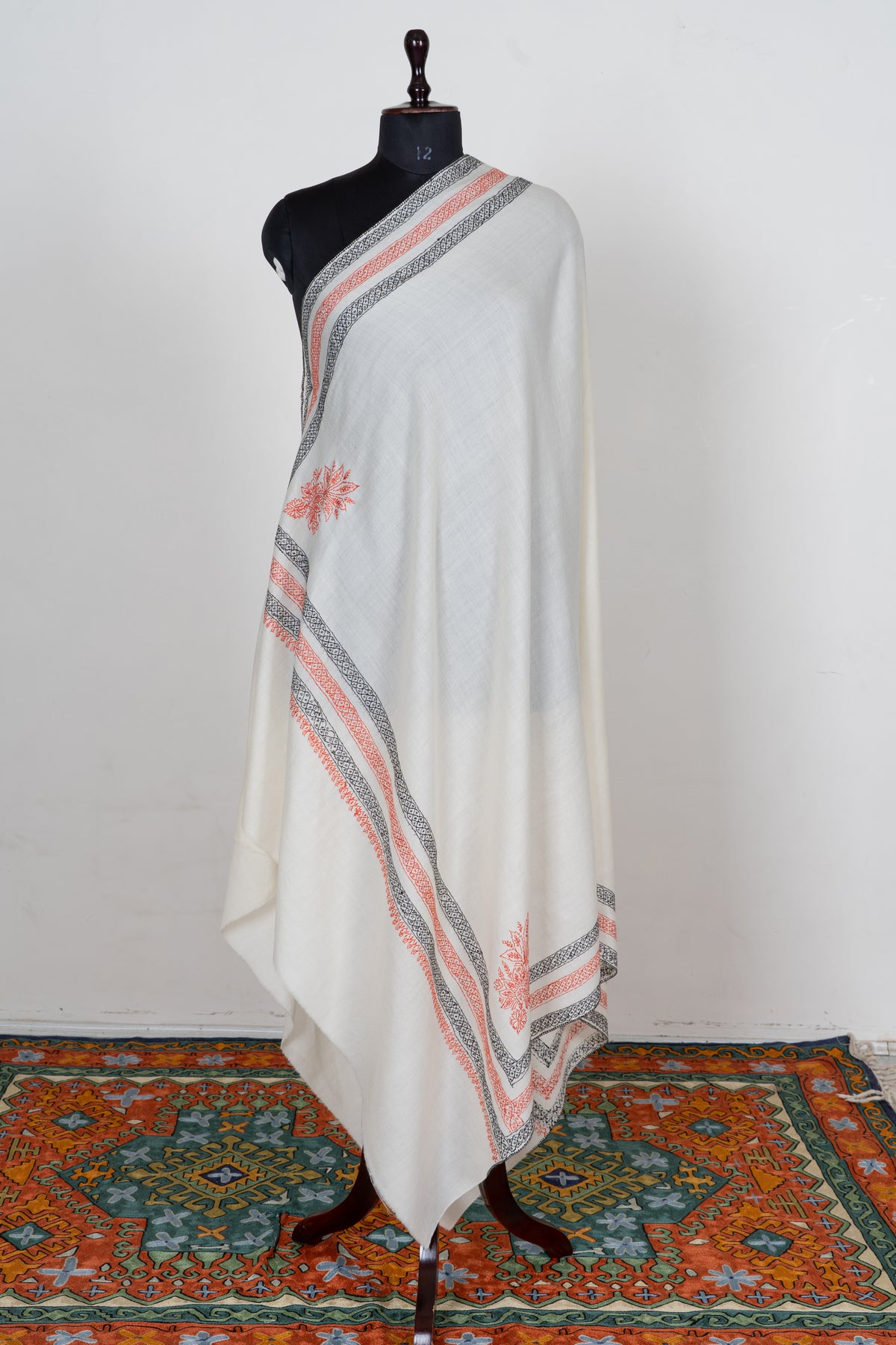 Ivory Coral Harmony Fine Merino Wool Shawl with Sozni Hand Embroidered Geometric Borders
