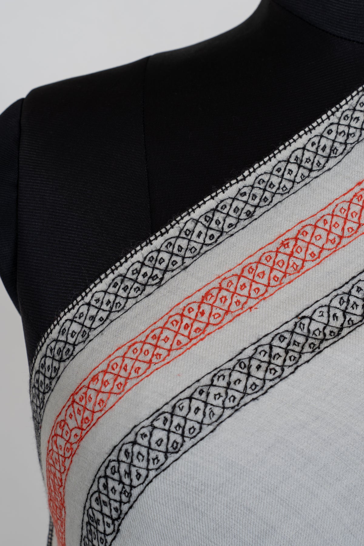 Ivory Coral Harmony Fine Merino Wool Shawl with Sozni Hand Embroidered Geometric Borders