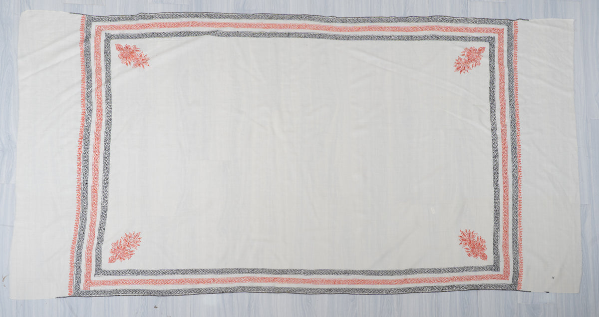 Ivory Coral Harmony Fine Merino Wool Shawl with Sozni Hand Embroidered Geometric Borders