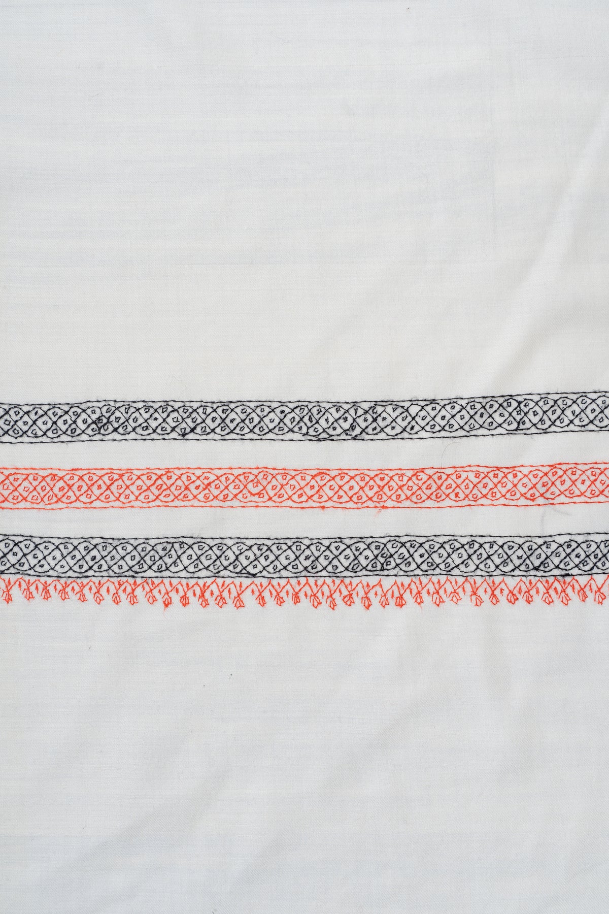 Ivory Coral Harmony Fine Merino Wool Shawl with Sozni Hand Embroidered Geometric Borders