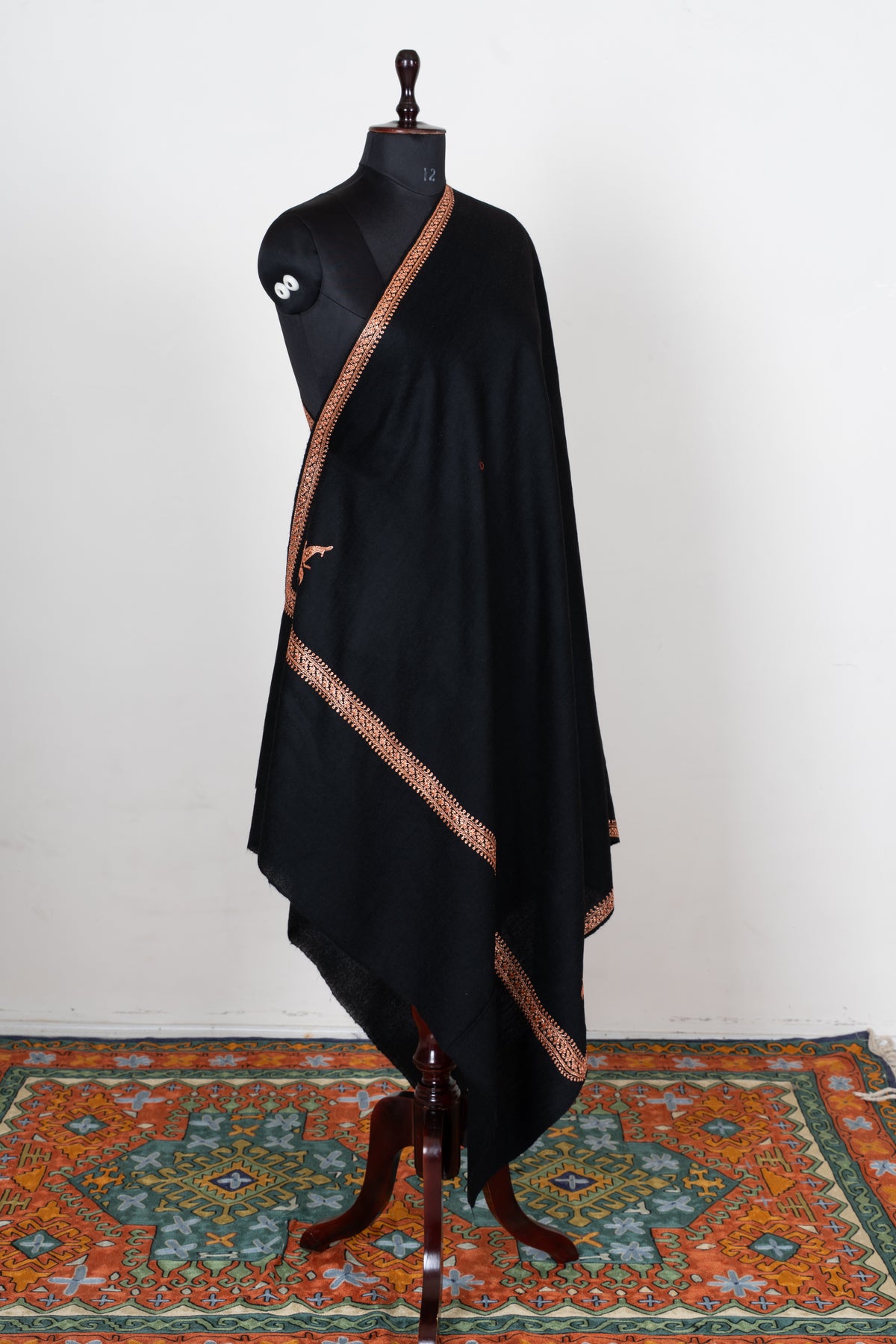 Copper Noir Fine Merino Wool Shawl with Sozni Hand Embroidered Ornamental Borders