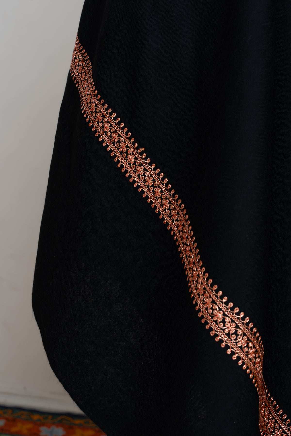 Copper Noir Fine Merino Wool Shawl with Sozni Hand Embroidered Ornamental Borders