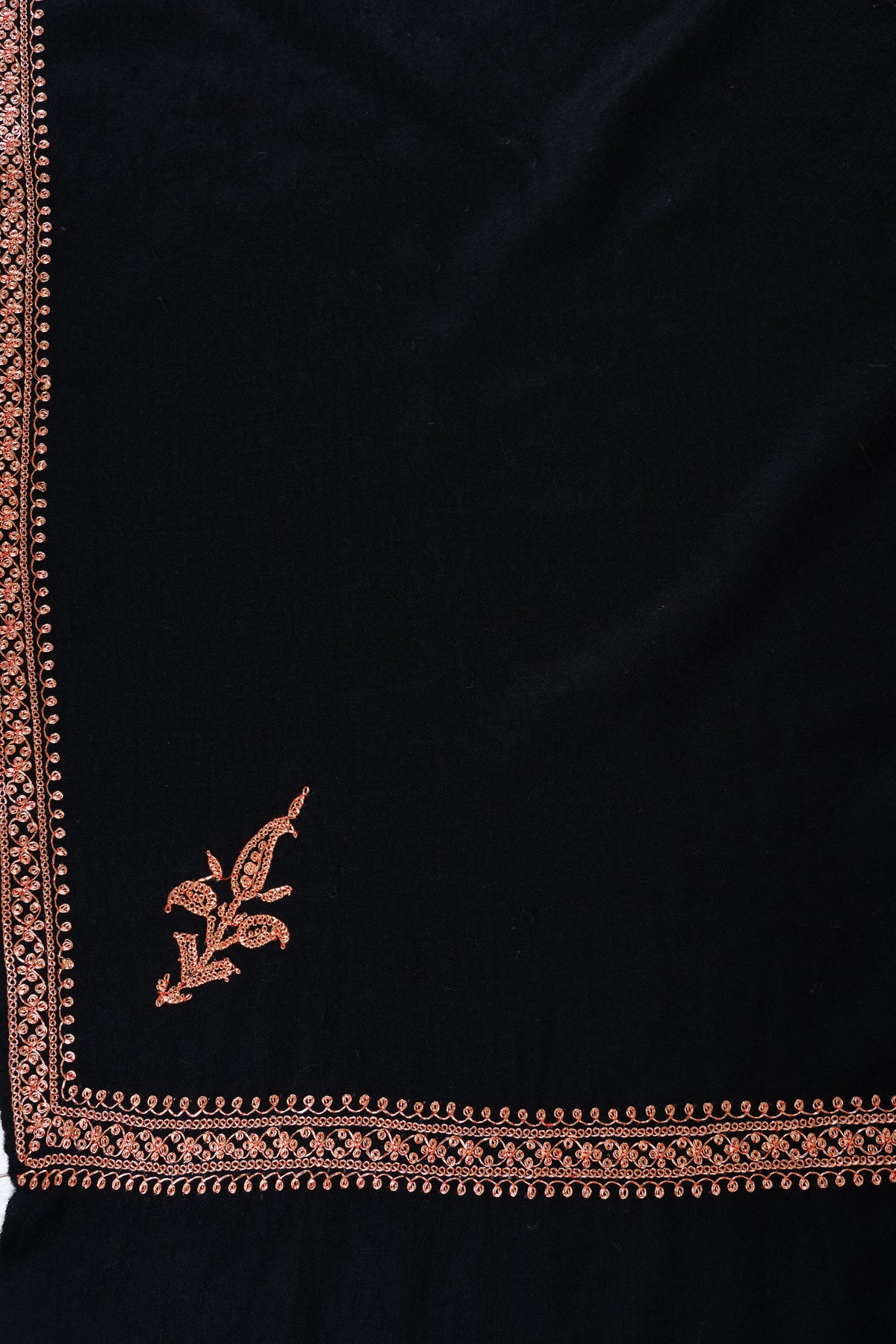 Copper Noir Fine Merino Wool Shawl with Sozni Hand Embroidered Ornamental Borders