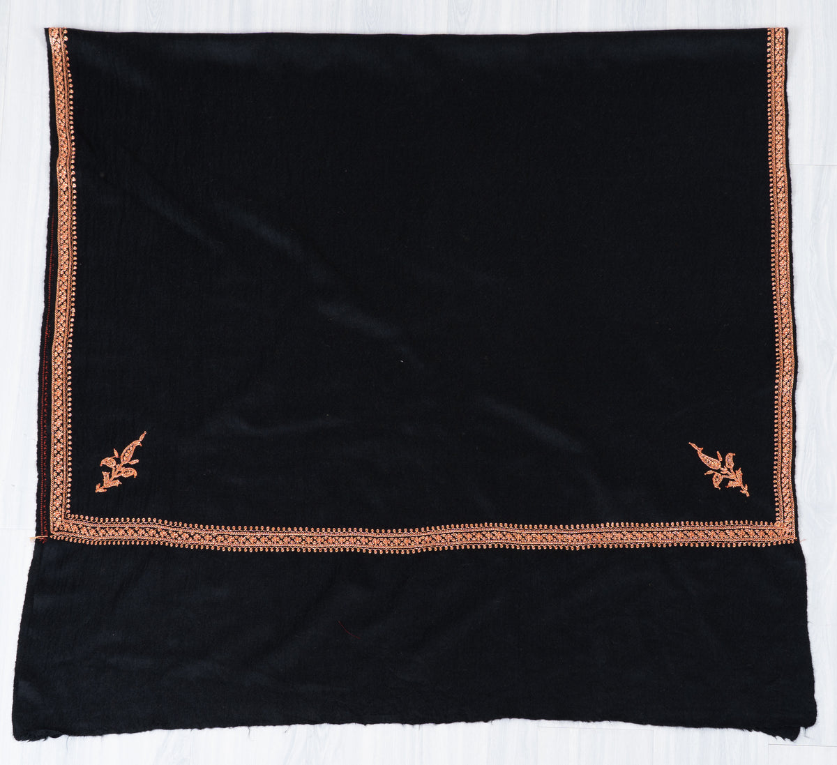 Copper Noir Fine Merino Wool Shawl with Sozni Hand Embroidered Ornamental Borders