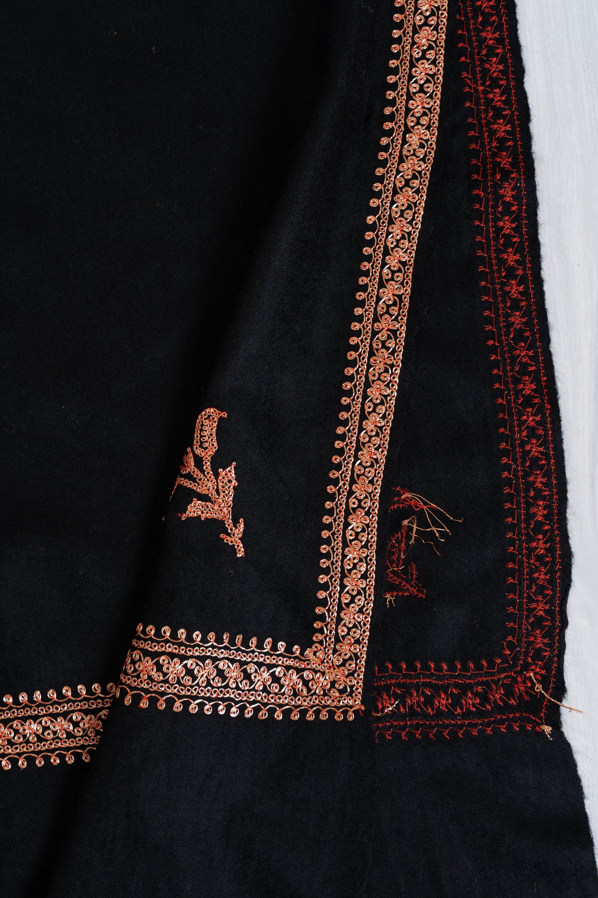 Copper Noir Fine Merino Wool Shawl with Sozni Hand Embroidered Ornamental Borders