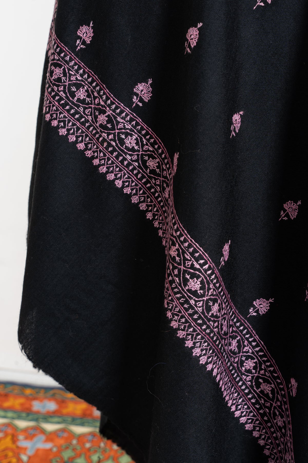 Midnight Rose Fine Merino Wool Shawl with Pink Sozni Hand Embroidered Floral Sprigs