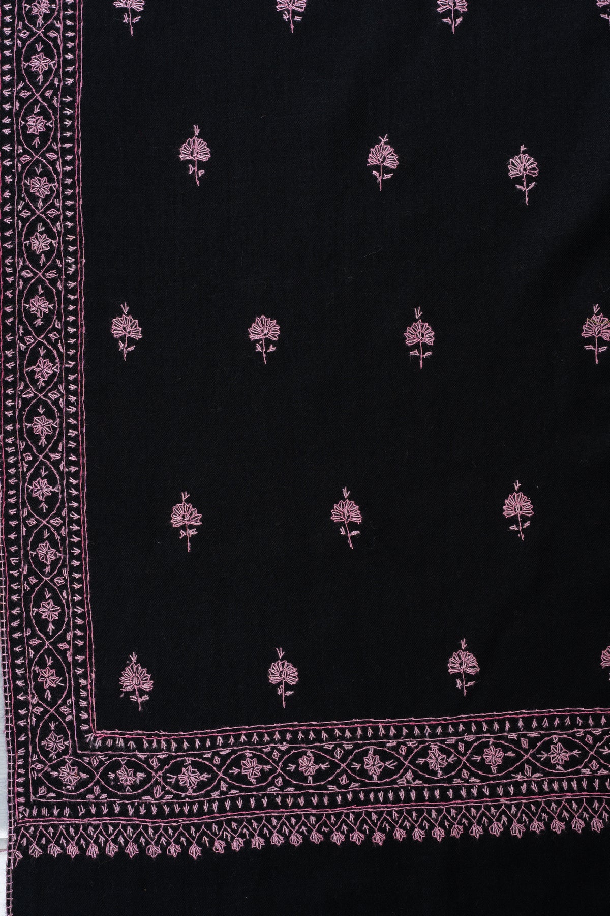 Midnight Rose Fine Merino Wool Shawl with Pink Sozni Hand Embroidered Floral Sprigs