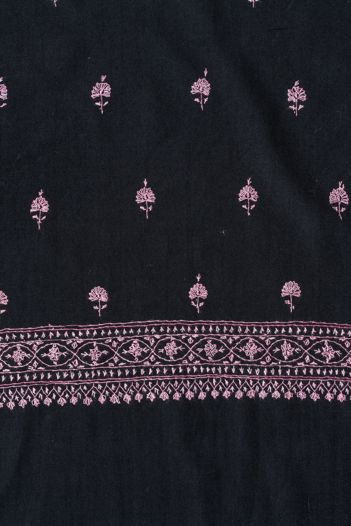 Midnight Rose Fine Merino Wool Shawl with Pink Sozni Hand Embroidered Floral Sprigs
