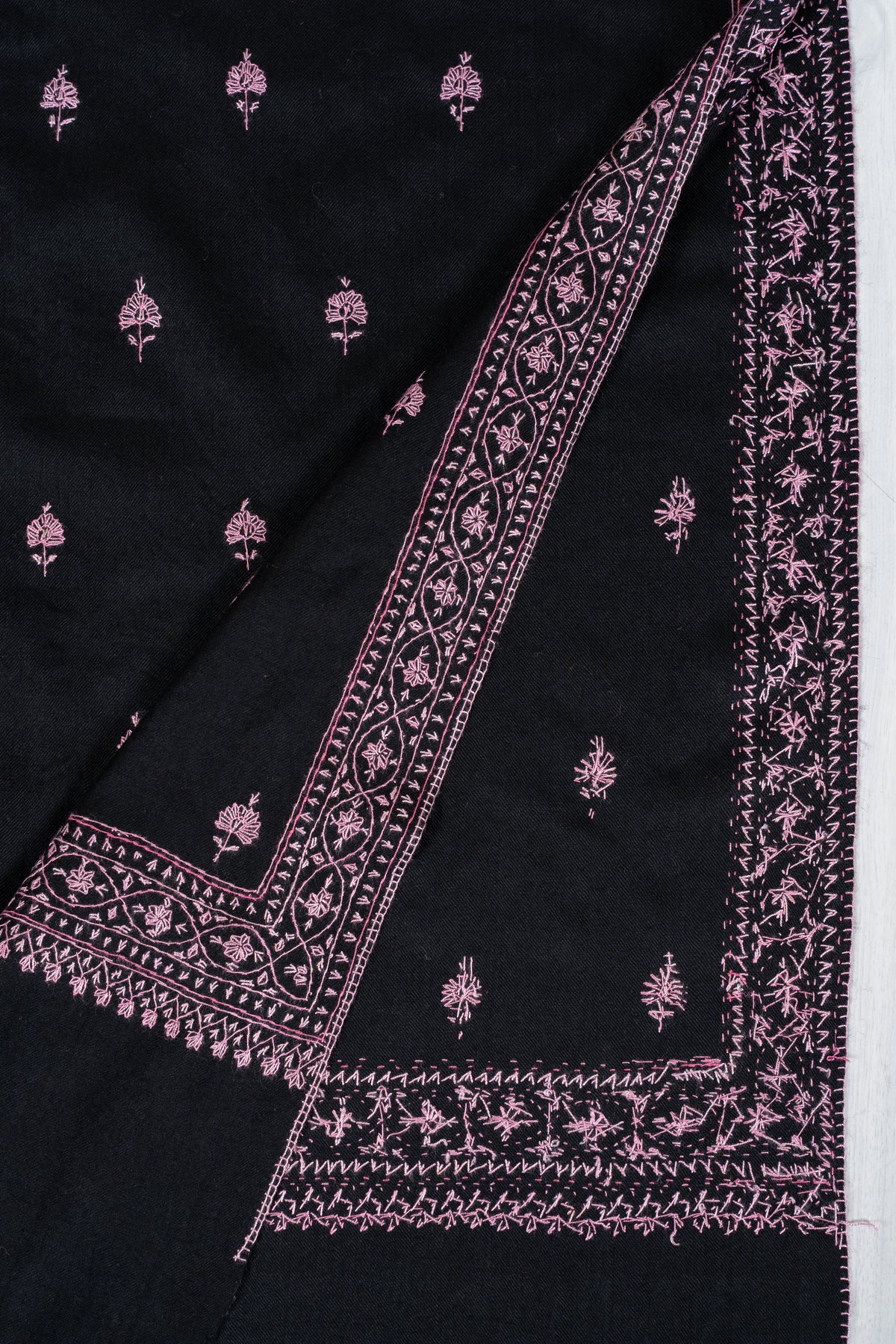 Midnight Rose Fine Merino Wool Shawl with Pink Sozni Hand Embroidered Floral Sprigs