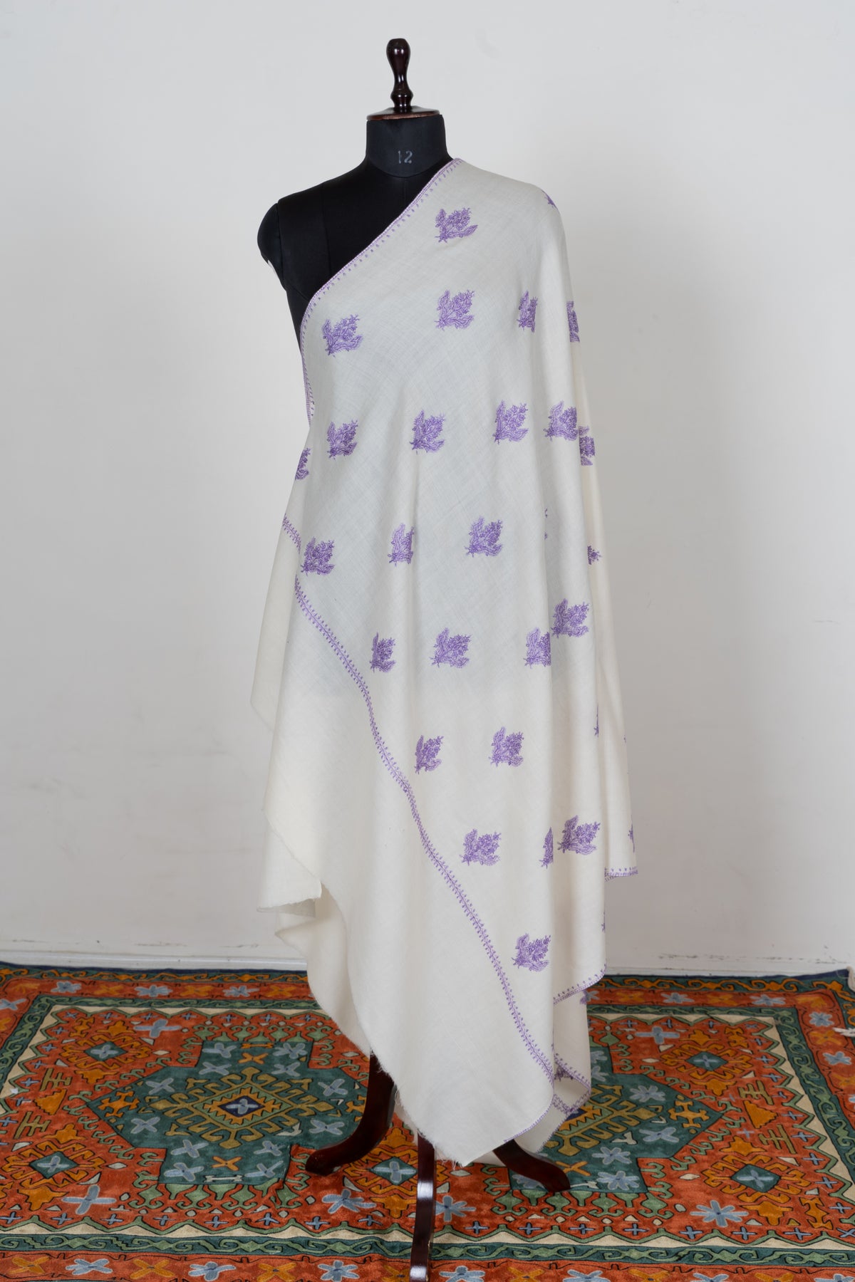 Lavender Snowfall Fine Merino Wool Shawl with Sozni Hand Embroidered Floral Sprigs