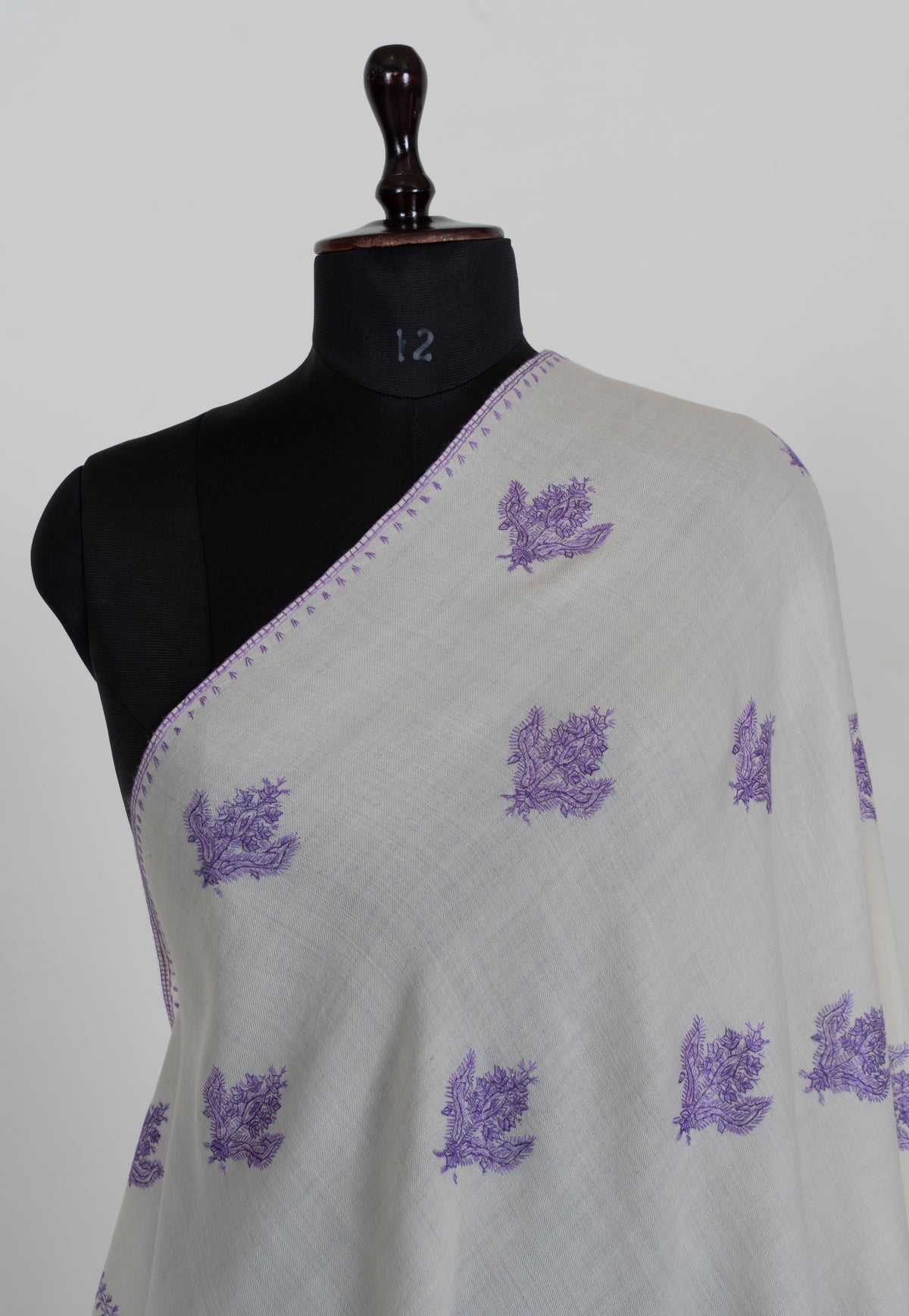 Lavender Snowfall Fine Merino Wool Shawl with Sozni Hand Embroidered Floral Sprigs