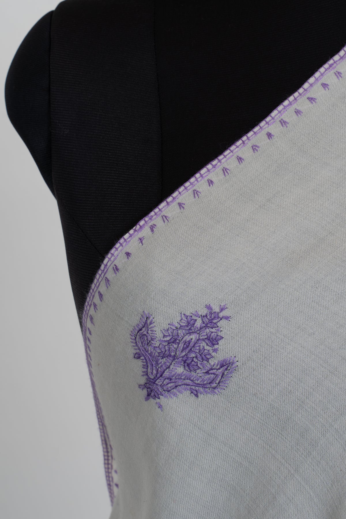 Lavender Snowfall Fine Merino Wool Shawl with Sozni Hand Embroidered Floral Sprigs
