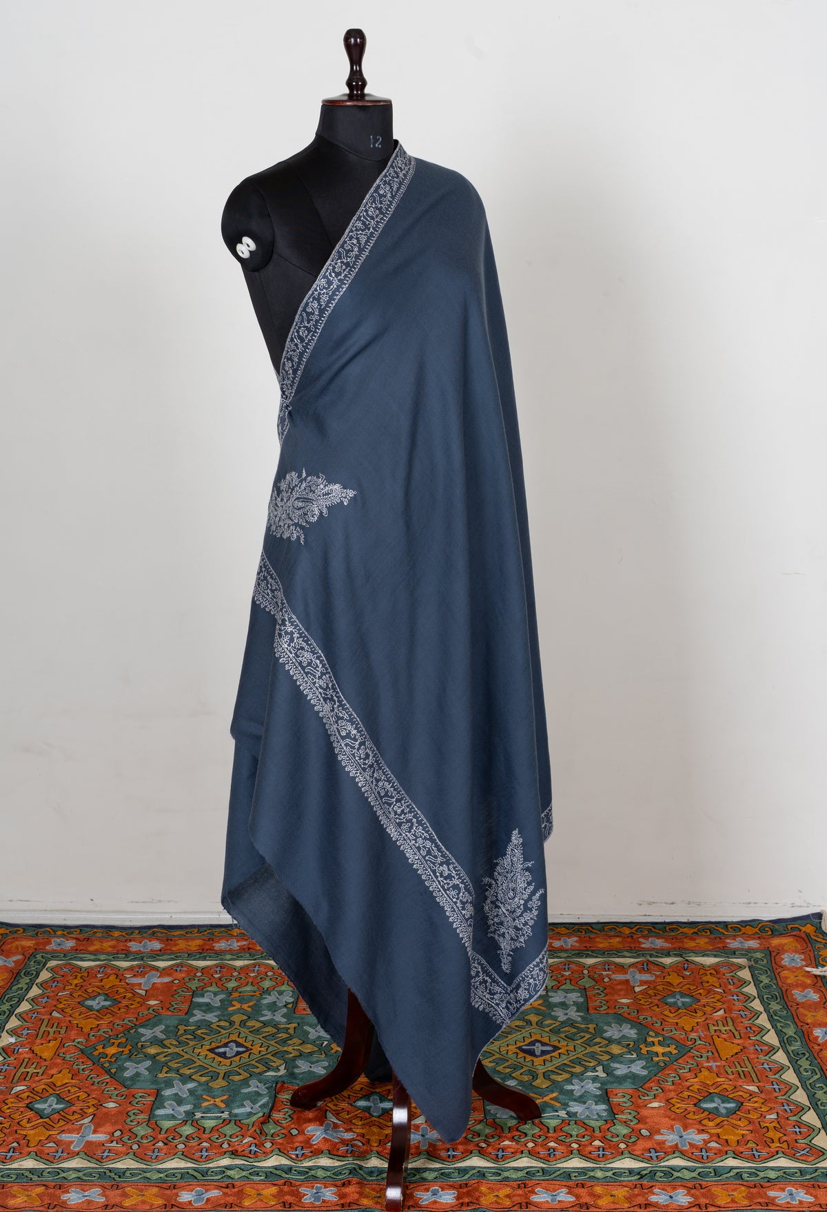 Slate Blue Elegance Fine Merino Wool Shawl with Silver Sozni Hand Embroidered Paisleys