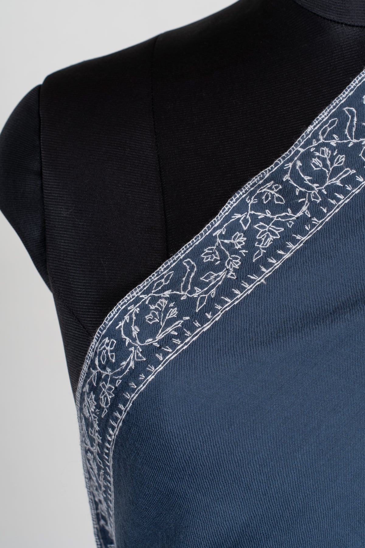 Slate Blue Elegance Fine Merino Wool Shawl with Silver Sozni Hand Embroidered Paisleys