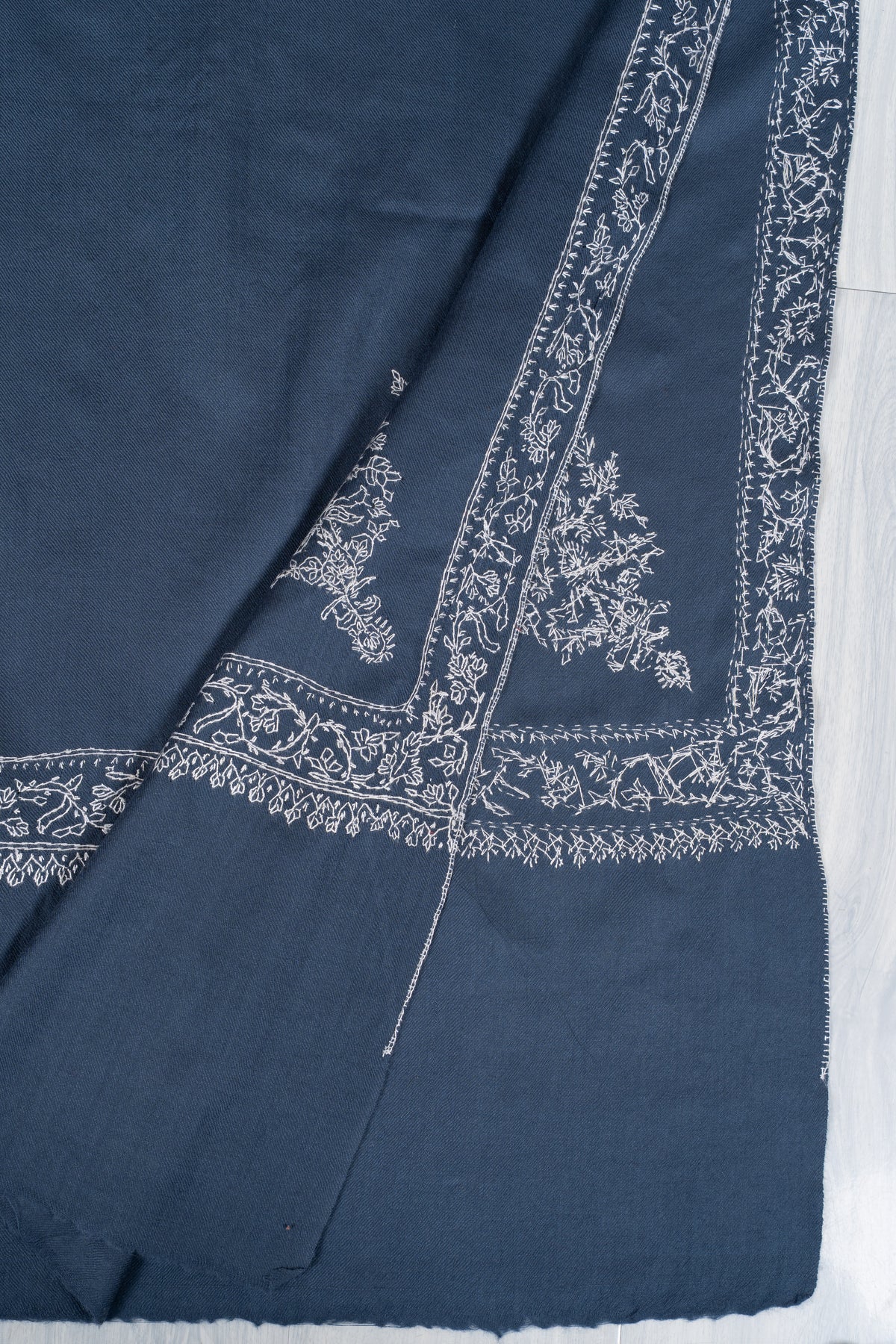 Slate Blue Elegance Fine Merino Wool Shawl with Silver Sozni Hand Embroidered Paisleys