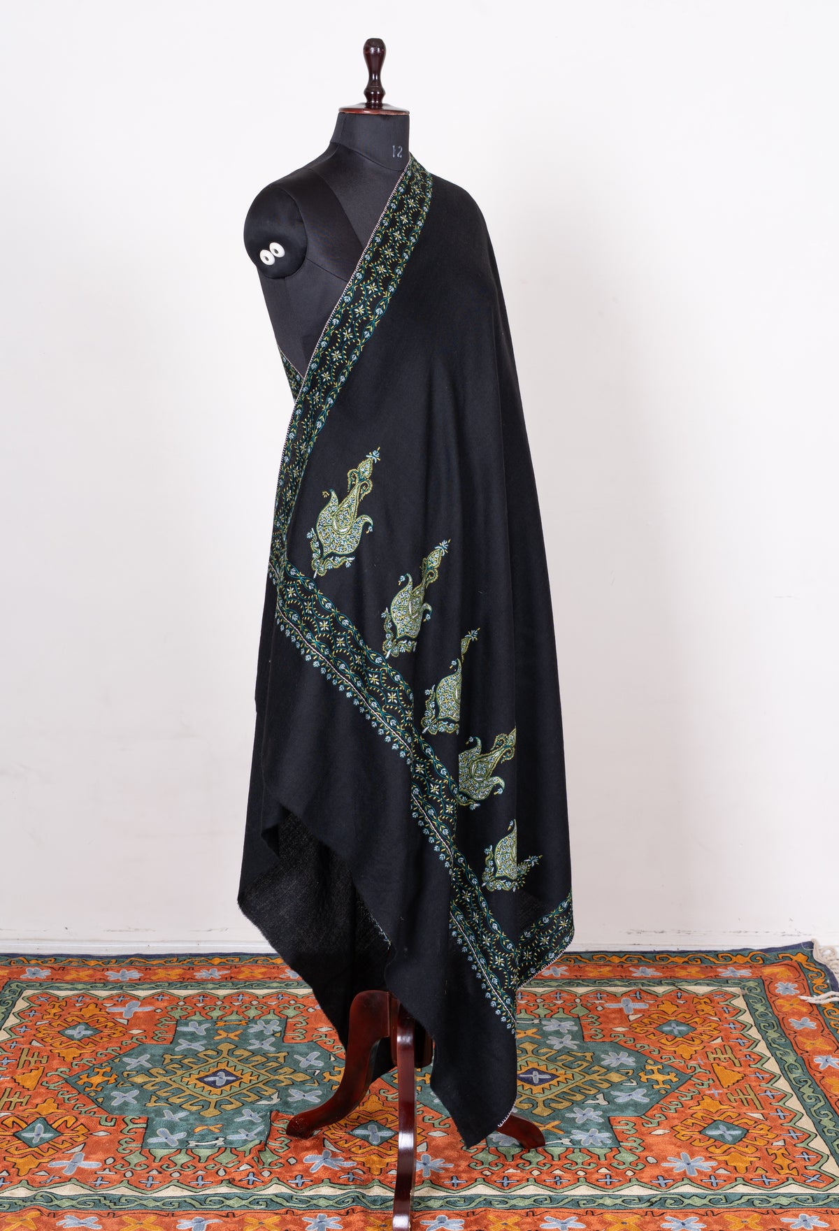 Midnight Peacock Fine Merino Wool Shawl with Multicolored Sozni Hand Embroidered Paisleys